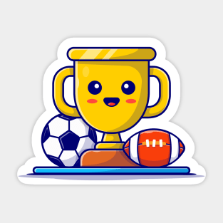 Cute Sport Trophy with Soccer Ball and Rugby Cartoon Vector Icon Illustration Sticker